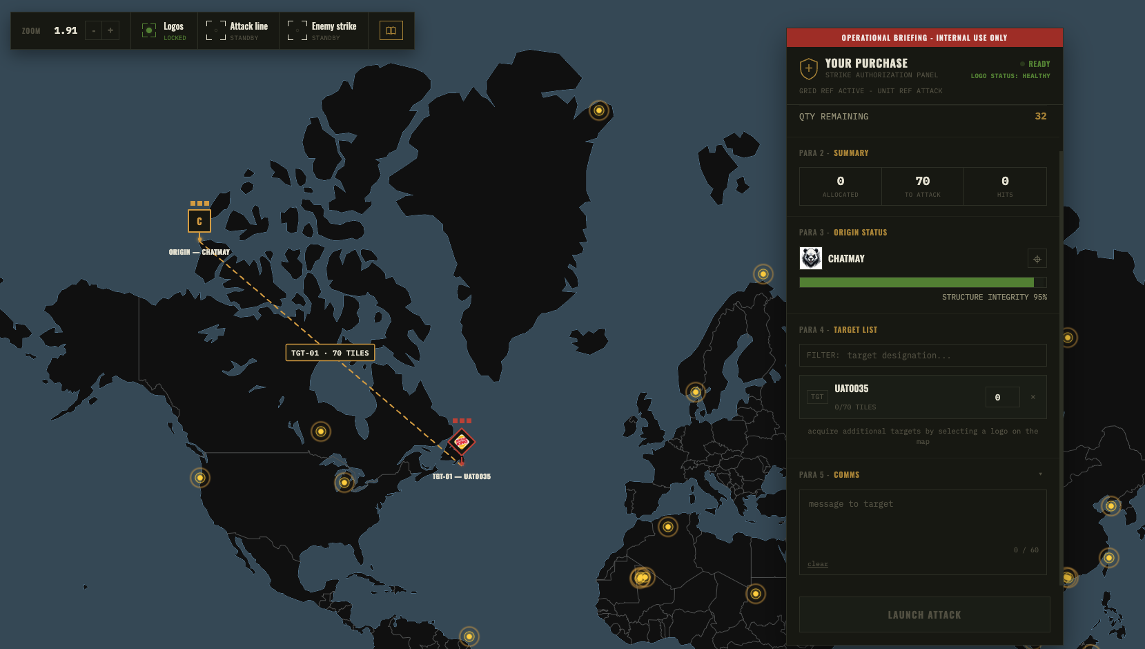 TanahX attack page showing target logo selection, attack quantity, message box, and launch attack button