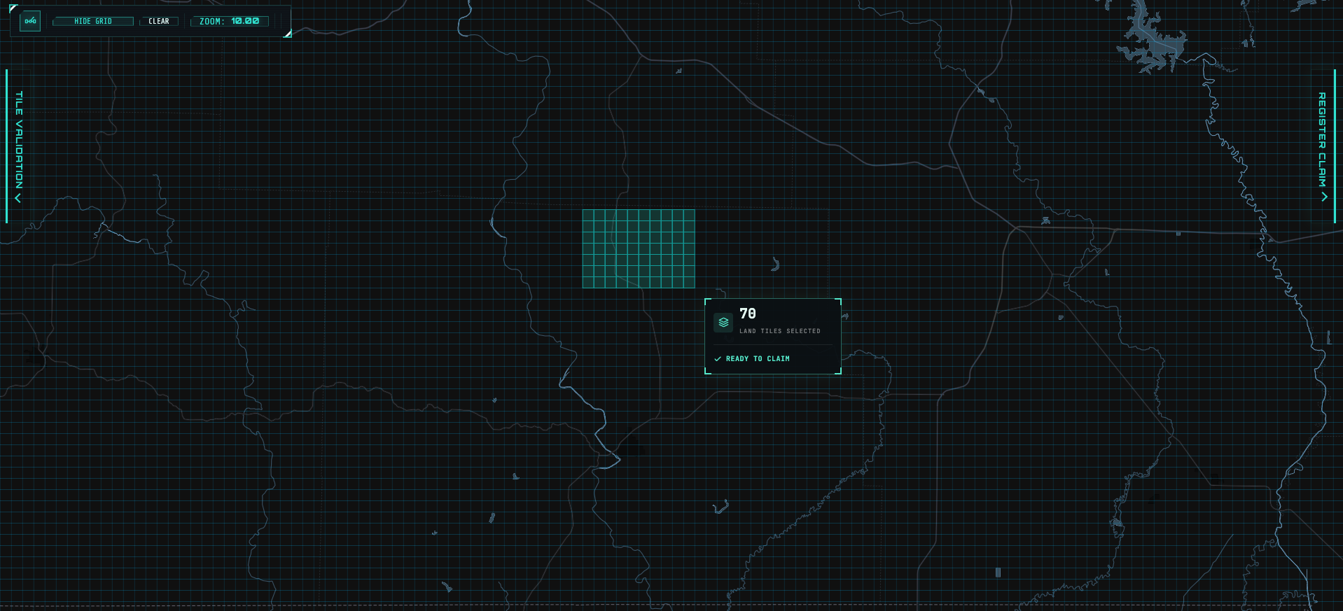 TanahX grid mode showing selected territory tiles and ready to claim status