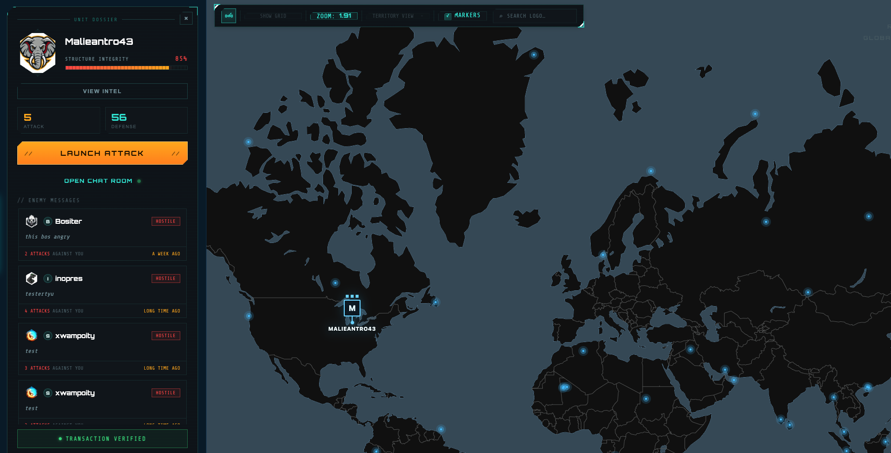 TanahX info panel showing logo details, attack controls, chat room, and attacker messages