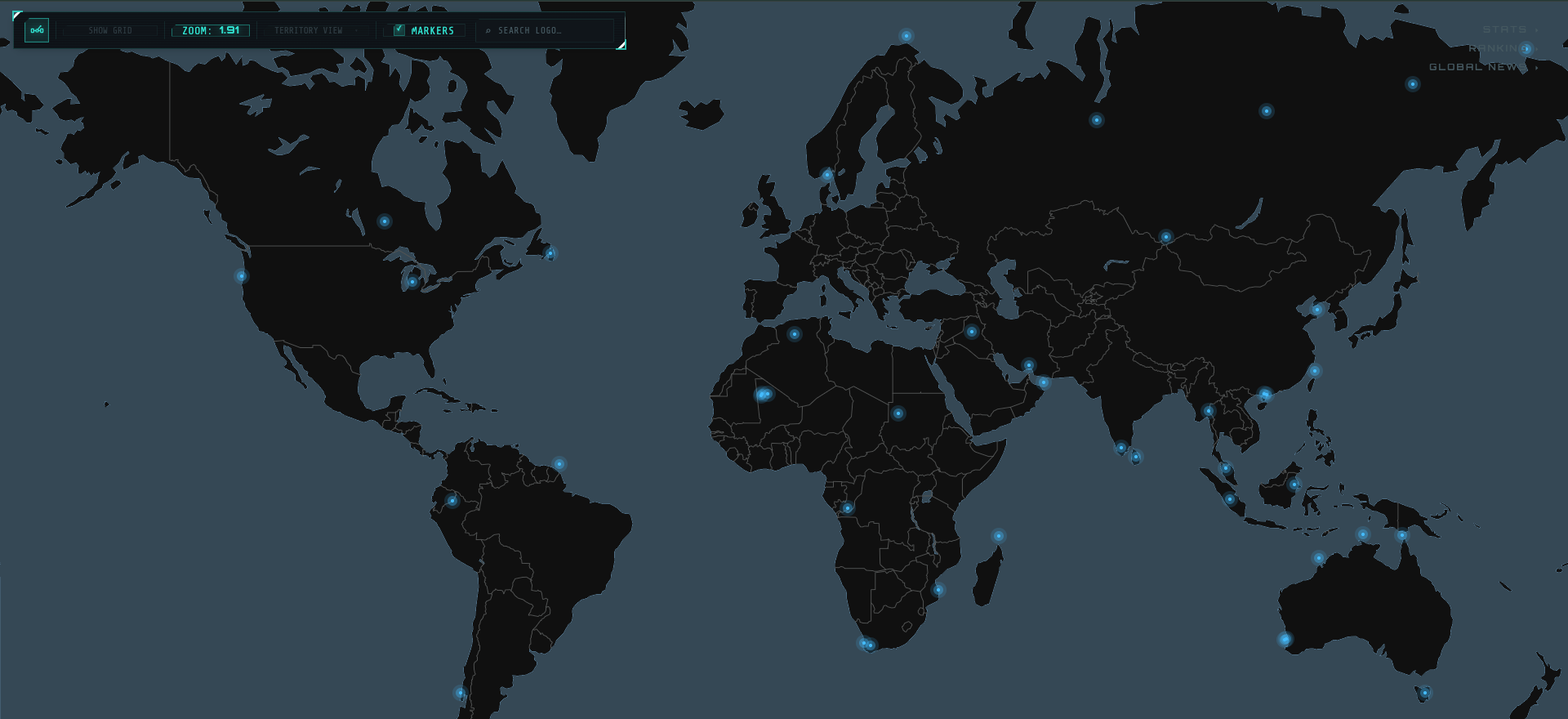 TanahX live world map showing active territories, markers, rankings, and global activity